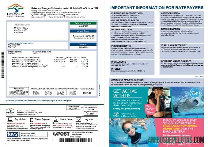 imprimível Projeto de lei de serviços públicos do Conselho de Hornsby Shire da Austrália NSW, modelo Word e PDF, 2 páginas